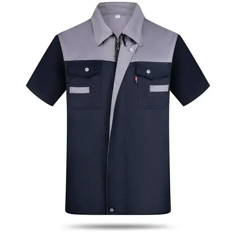 Woodworking Overalls - เสื้อคลุมทำงานแขนสั้นสำหรับผู้ชายและผู้หญิง เสื้อช่างซ่อมมอเตอร์ไซค์ ชุดยูนิฟอร์มช่าง พร้อมเสื้อยืดสองกระเป๋า เสื้อคลุมช่างซ่อม