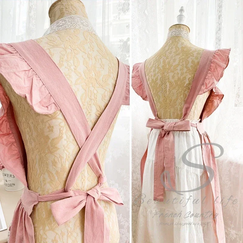 Woodworking Apron - ผ้ากันเปื้อนผู้หญิงผ้ากันเปื้อนฝ้ายลินินชุดเดรสสำหรับคาเฟ่และสวนการทำอาหารการจัดดอกไม้สไตล์พระราชวังวินเทจ gaun modis