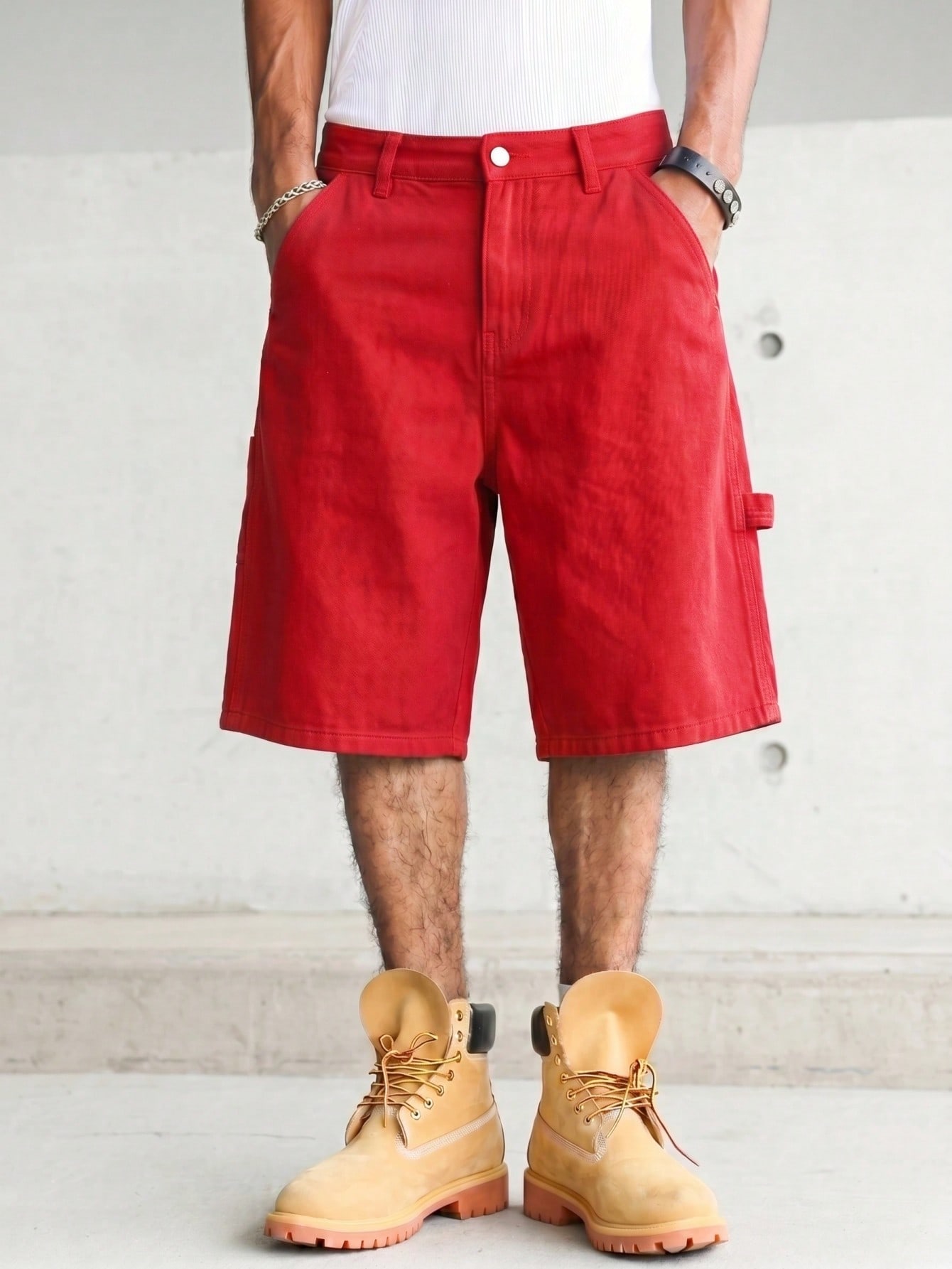 กางเกงยีนส์ขาสั้นทรงหลวมสีแดงส - Woodworking Overalls บทวิจารณ์และราคา